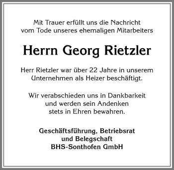 Traueranzeige von Georg Rietzler von Allgäuer Anzeigeblatt