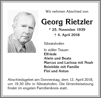 Traueranzeige von Georg Rietzler von Allgäuer Zeitung,Kempten