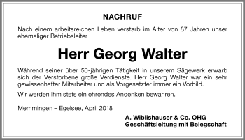 Traueranzeige von Georg Walter von Memminger Zeitung