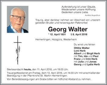 Traueranzeige von Georg Walter von Memminger Zeitung