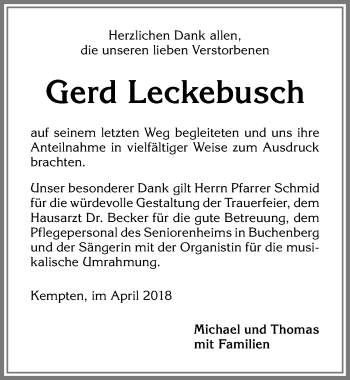 Traueranzeige von Gerd Leckebusch von Allgäuer Zeitung,Kempten