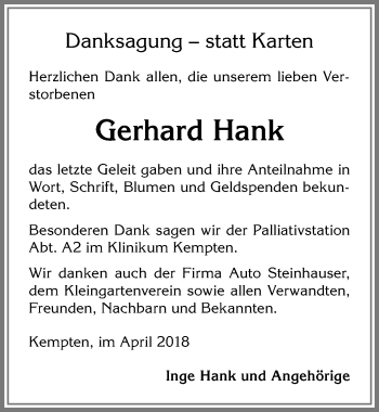 Traueranzeige von Gerhard Hank von Allgäuer Zeitung,Kempten