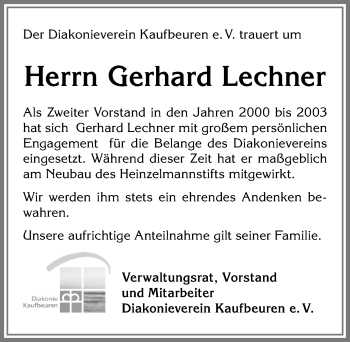 Traueranzeige von Gerhard Lechner von Allgäuer Zeitung, Kaufbeuren/Buchloe
