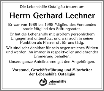Traueranzeige von Gerhard Lechner von Allgäuer Zeitung, Kaufbeuren/Buchloe