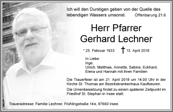 Traueranzeige von Gerhard Lechner von Allgäuer Zeitung, Kaufbeuren/Buchloe