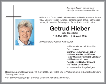 Traueranzeige von Getrud Hieber von Memminger Zeitung