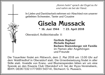 Traueranzeige von Gisela Mussack von Allgäuer Anzeigeblatt
