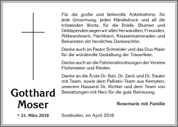 Traueranzeige von Gotthard Moser von Allgäuer Anzeigeblatt