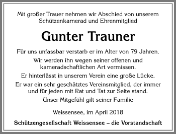 Traueranzeige von Gunter Trauner von Allgäuer Zeitung, Füssen