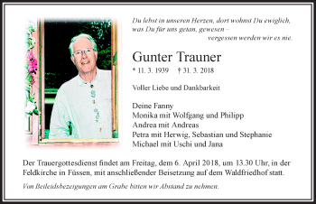 Traueranzeige von Gunter Trauner von Allgäuer Zeitung, Füssen