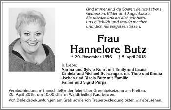 Traueranzeige von Hannelore Butz von Allgäuer Zeitung, Kaufbeuren/Buchloe