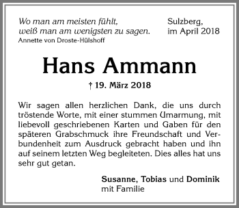 Traueranzeige von Hans Ammann von Allgäuer Zeitung