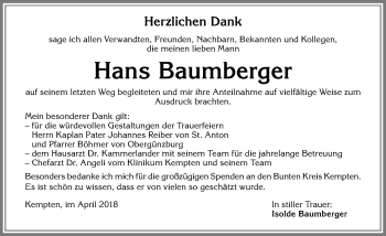 Traueranzeige von Hans Baumberger von Allgäuer Zeitung,Kempten