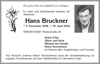 Traueranzeige von Hans Bruckner von Allgäuer Anzeigeblatt