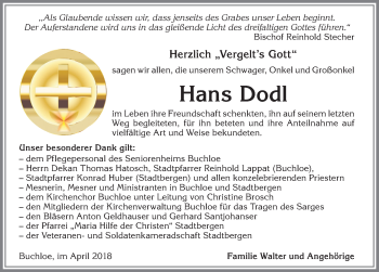 Traueranzeige von Hans Dodl von Allgäuer Zeitung