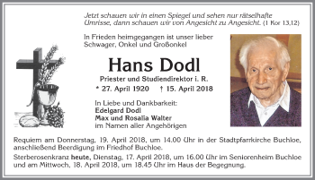 Traueranzeige von Hans Dodl von Allgäuer Zeitung, Kaufbeuren/Buchloe