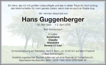 Traueranzeige von Hans Guggenberger von Memminger Zeitung