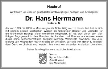 Traueranzeige von Hans Herrmann von Memminger Zeitung