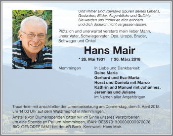 Traueranzeige von Hans Mair von Memminger Zeitung