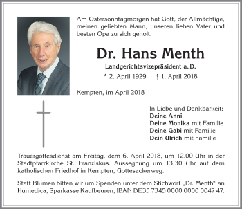 Traueranzeige von Hans Menth von Allgäuer Zeitung,Kempten