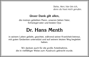 Traueranzeige von Hans Menth von Allgäuer Zeitung,Kempten