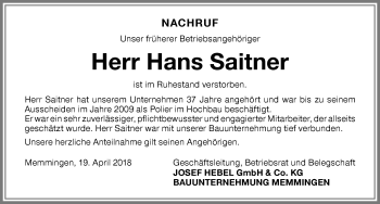 Traueranzeige von Hans Saitner von Memminger Zeitung