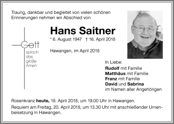 Traueranzeige von Hans Saitner von Memminger Zeitung