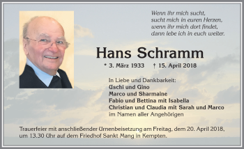 Traueranzeige von Hans Schramm von Allgäuer Zeitung,Kempten