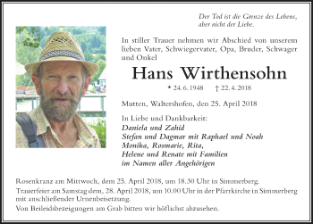 Traueranzeige von Hans Wirthensohn von Der Westallgäuer