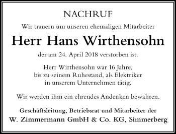 Traueranzeige von Hans Wirthensohn von Der Westallgäuer