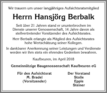 Traueranzeige von Hansjörg Berbalk von Allgäuer Zeitung, Kaufbeuren/Buchloe