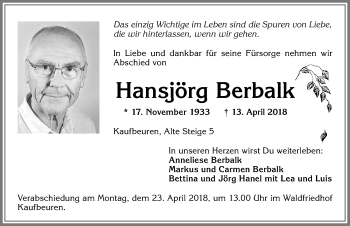 Traueranzeige von Hansjörg Berbalk von Allgäuer Zeitung, Kaufbeuren/Buchloe