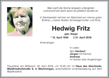 Traueranzeige von Hedwig Fritz von Memminger Zeitung