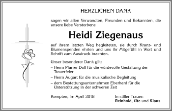 Traueranzeige von Heidi Ziegenaus von Allgäuer Zeitung,Kempten