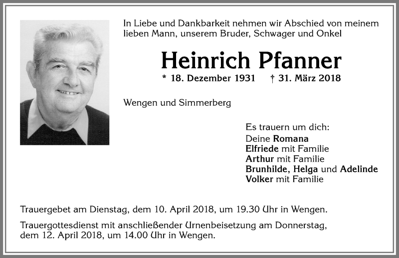  Traueranzeige für Heinrich Pfanner vom 07.04.2018 aus Allgäuer Zeitung,Kempten
