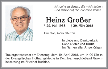 Traueranzeige von Heinz Großer von Allgäuer Zeitung, Kaufbeuren/Buchloe