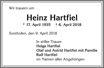 Traueranzeige von Heinz Hartfiel von Allgäuer Anzeigeblatt