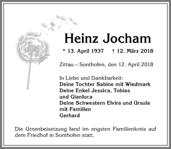 Traueranzeige von Heinz Jocham von Allgäuer Anzeigeblatt