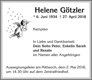 Traueranzeige von Helene Götzler von Allgäuer Zeitung,Kempten