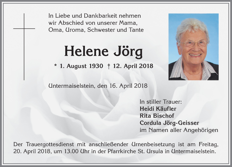  Traueranzeige für Helene Jörg vom 16.04.2018 aus Allgäuer Anzeigeblatt