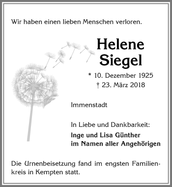 Traueranzeige von Helene Siegel von Allgäuer Anzeigeblatt