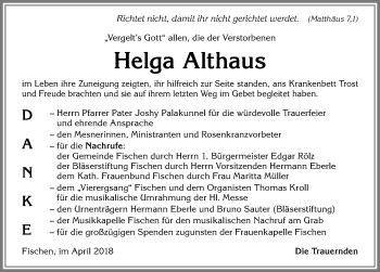 Traueranzeige von Helga Althaus von Allgäuer Anzeigeblatt
