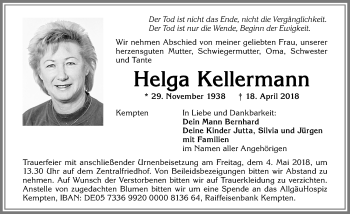 Traueranzeige von Helga Kellermann von Allgäuer Zeitung,Kempten