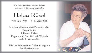 Traueranzeige von Helga Rösel von Allgäuer Zeitung, Marktoberdorf