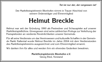Traueranzeige von Helmut Breckle von Allgäuer Zeitung, Kaufbeuren/Buchloe