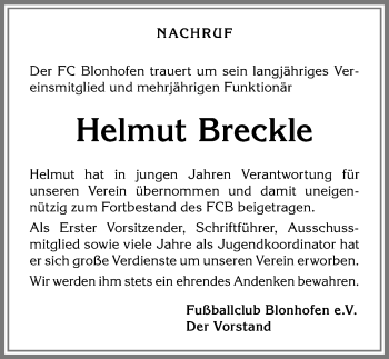 Traueranzeige von Helmut Breckle von Allgäuer Zeitung, Kaufbeuren/Buchloe