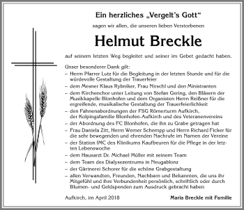 Traueranzeige von Helmut Breckle von Allgäuer Zeitung, Kaufbeuren/Buchloe