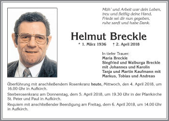 Traueranzeige von Helmut Breckle von Allgäuer Zeitung, Kaufbeuren/Buchloe