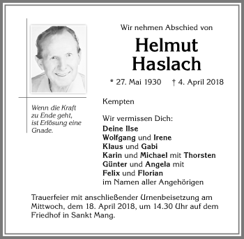 Traueranzeige von Helmut Haslach von Allgäuer Zeitung,Kempten