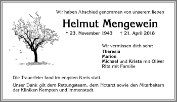 Traueranzeige von Helmut Mengewein von Allgäuer Zeitung,Kempten